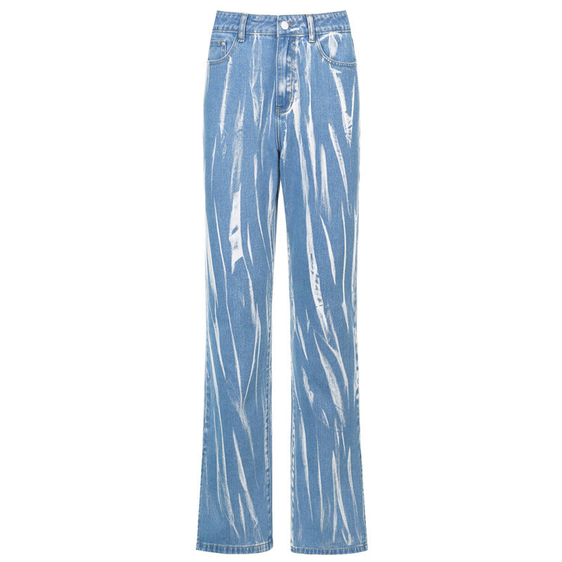 Women Baggy Jeans High Waist Trousers Graffiti Print Casual Female Pants