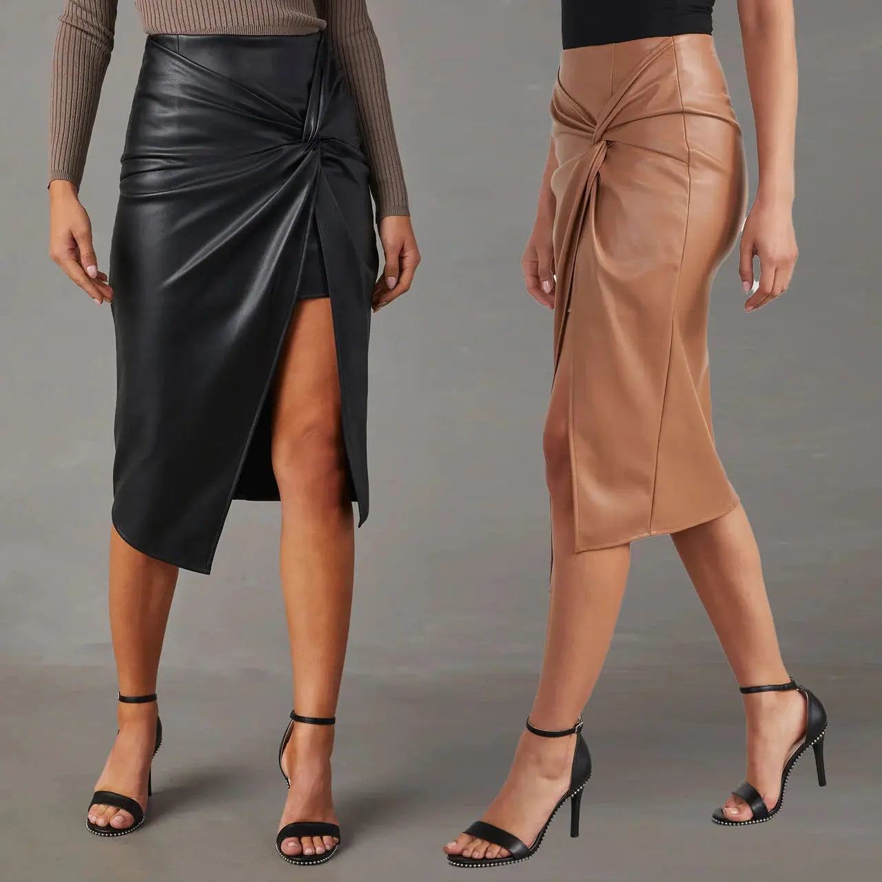 Chic Mid-Length Split Leather Skirt for Women - Trendy Street Style - Image #1