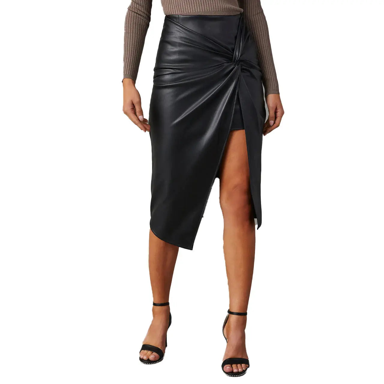 Chic Mid-Length Split Leather Skirt for Women - Trendy Street Style - Image #2