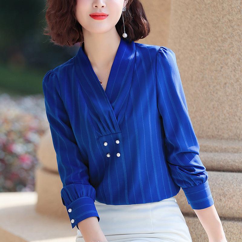 Women's Long Sleeve Solid Loose V-Neck Pleated Chiffon Blouse - K3N VENTURES