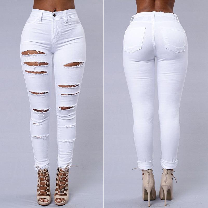 Women's Skinny Jeans: Casual High Waist Pencil Pants with Ripped Details - K3N VENTURES
