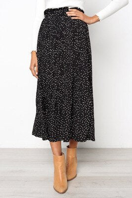 Black Floral Print Pleated Midi Skirt