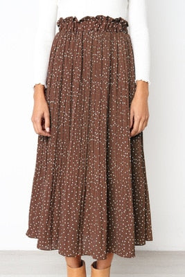 Brown Floral Print Pleated Midi Skirt