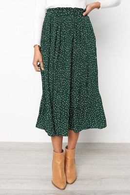Green Floral Print Pleated Midi Skirt