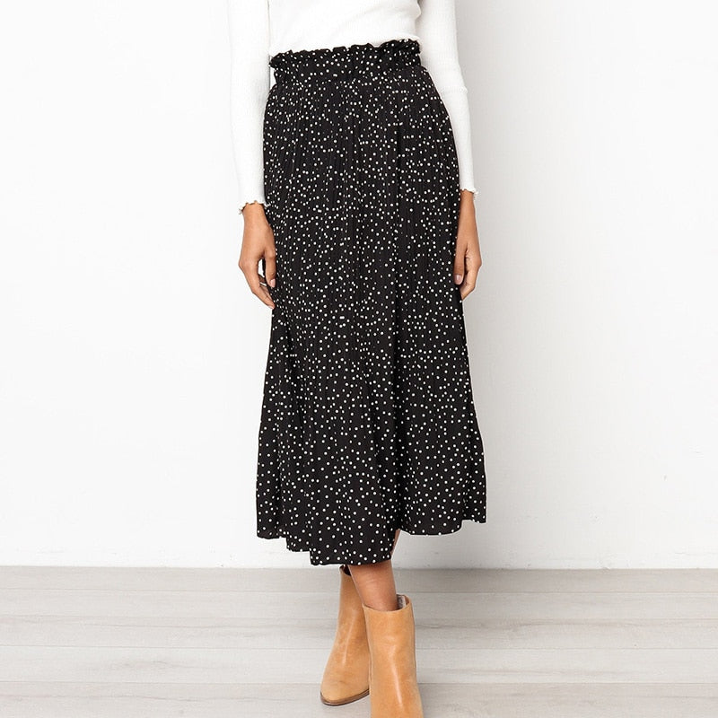 Black Floral Print Pleated Midi Skirt
