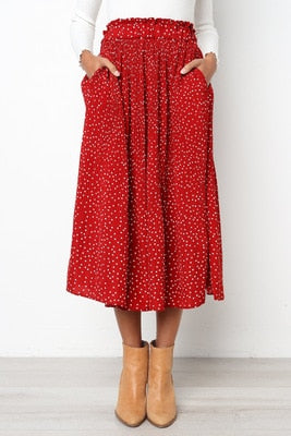 Red Floral Print Pleated Midi Skirt