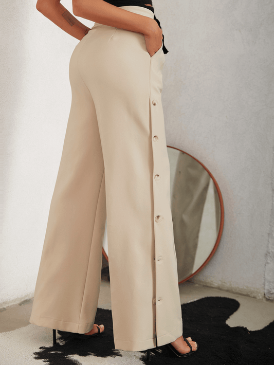 Wide-Leg Pants with Side Buttons and Pleats: Stylish Comfort Wear