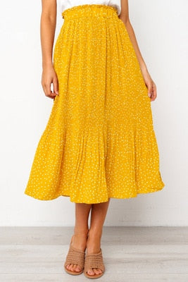 Yellow Floral Print Pleated Midi Skirt