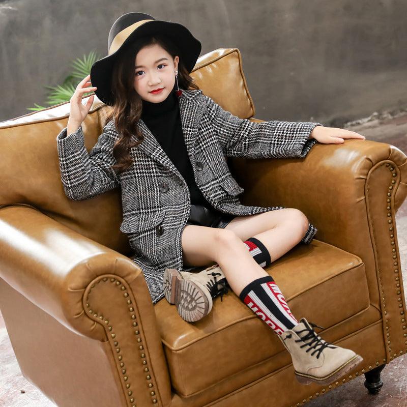 Girl's Gray Plaid Houndstooth Coat - Stylish and Cozy Outerwear - K3N VENTURES