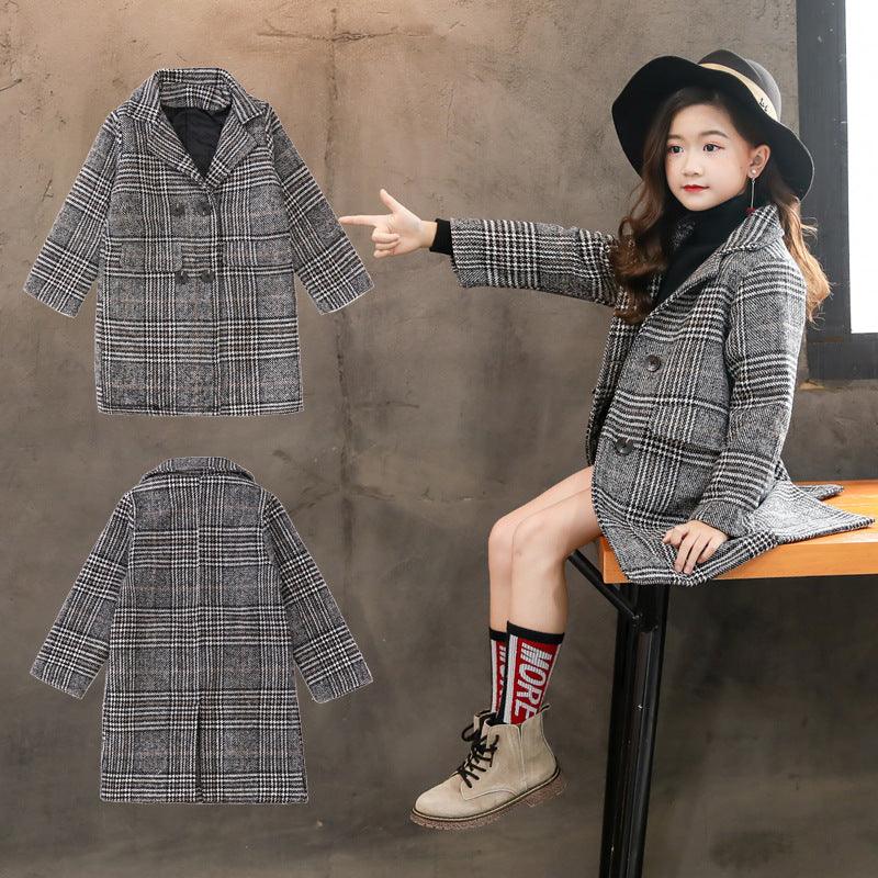 Girl's Gray Plaid Houndstooth Coat - Stylish and Cozy Outerwear - K3N VENTURES