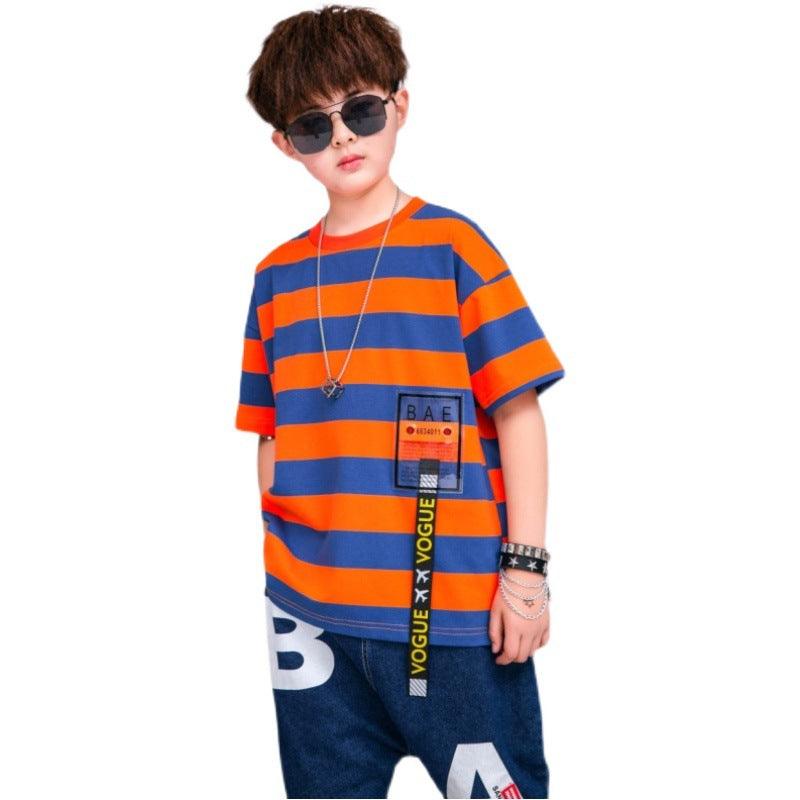 Korean-Style Striped Cotton Shirt for Plus-Size Boys: Loose-Fit Kids' Apparel - K3N VENTURES