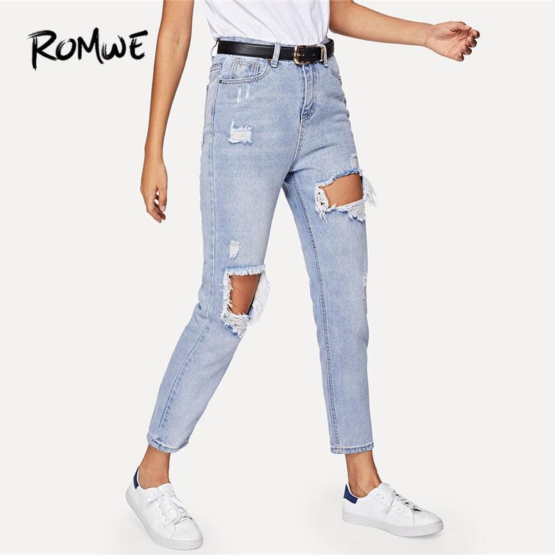 ROMWE Women's Cut Out Jeans Ripped Jeans For Women Blue Denim Trousers - K3N VENTURES